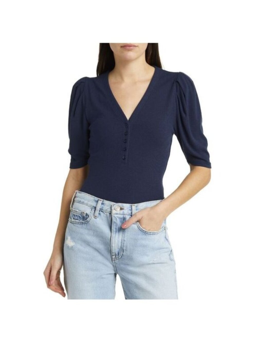 Frame Women's Rib Ruched Sleeve Henley Tee V -neck Small Navy New with Tag